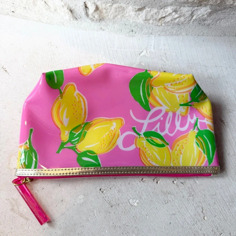 Lilly Pulitzer for Estee Lauder Pink Lemon Print Vinyl Cosmetic Makeup Bag Pouch
